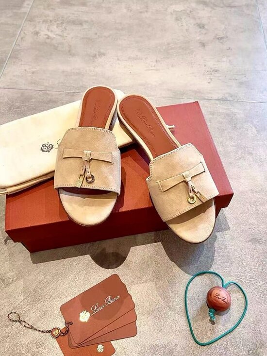 Loro Piana​​​​​ Shoes - Loro Piana Beige Suede Bow Charm Slide Sandals